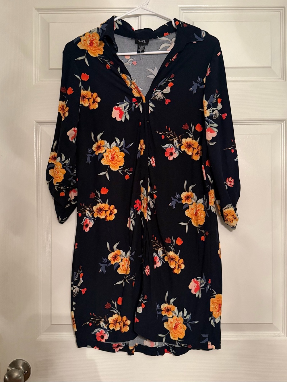Rue21 Navy Floral Long-Sleeve Button-Front Dress